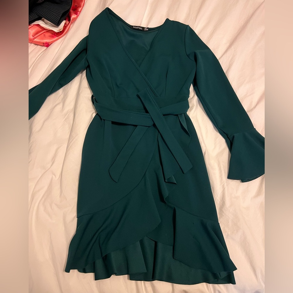 Boohoo Teal Long Sleeve Wrap Dress